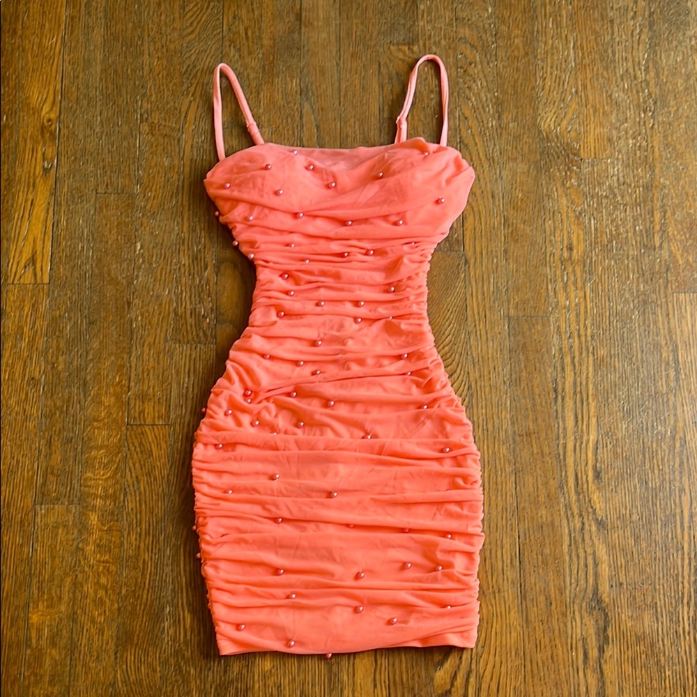 Windsor Coral Mini Dress with Ruched Detail